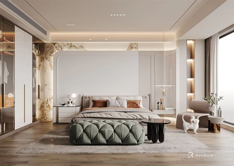 Modern Bedroom Interior Design With Comfortable Bed Bedside Tables Lamps Area Rug And Armchair 3d model 