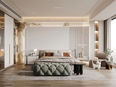 Modern Bedroom Interior Design With Comfortable Bed Bedside Tables Lamps Area Rug And Armchair 3d model