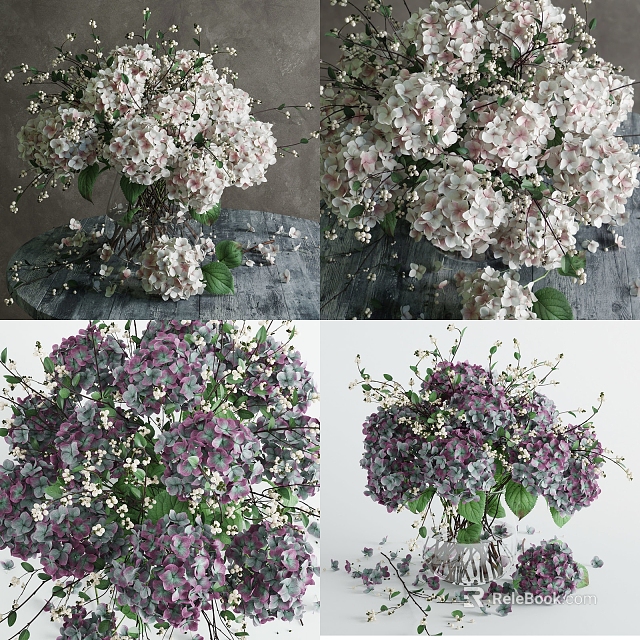 Fresh White and Purple Hydrangea Flowers in Vase with Green Leaves on Table 3d model 