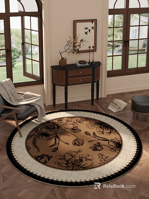 Cozy Living Room With Round Floral Rug Armchair Throw Blanket Decorative Side Table Wooden Floor 3d model 