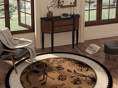 Cozy Living Room With Round Floral Rug Armchair Throw Blanket Decorative Side Table Wooden Floor 3d model