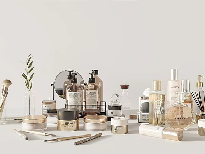 Stylish Display of Perfume and Cosmetics with Bottles Jars Makeup Brushes and Green Leaf Decor 3d model