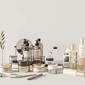 Stylish Display of Perfume and Cosmetics with Bottles Jars Makeup Brushes and Green Leaf Decor