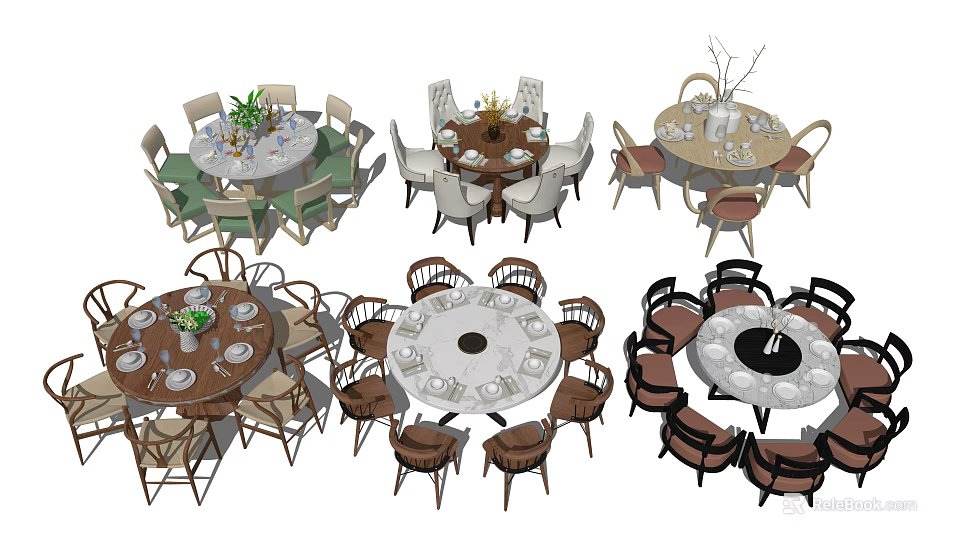 Various Round Dining Table Sets With Matching Chairs And Decorative Centerpieces 3d model