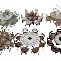 Various Round Dining Table Sets With Matching Chairs And Decorative Centerpieces 3d model