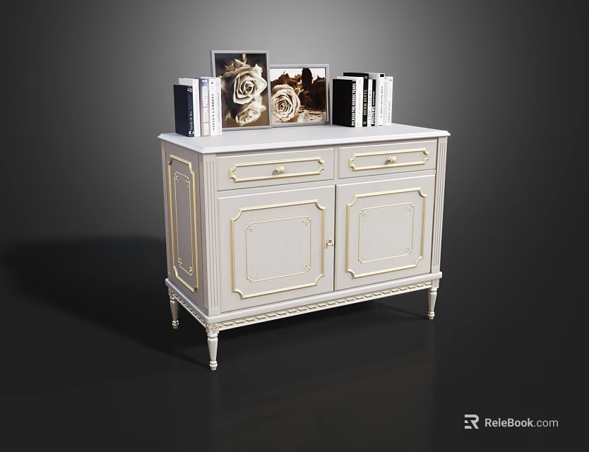 White Entryway Console Sideboard with Gold Accents and Decorative Books Vase on Top 3d model 