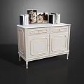 White Entryway Console Sideboard with Gold Accents and Decorative Books Vase on Top