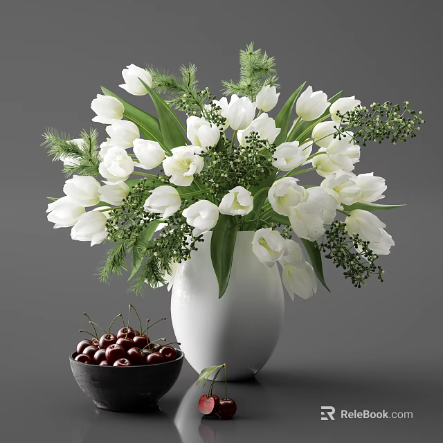 Fresh White Tulips in White Vase With Green Foliage and Bowl of Cherries 3d model 