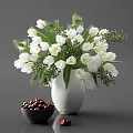 Fresh White Tulips in White Vase With Green Foliage and Bowl of Cherries