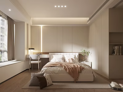 Modern Minimalist Bedroom Interior With King Bed Window Curtains Carpet And Plants 3d model