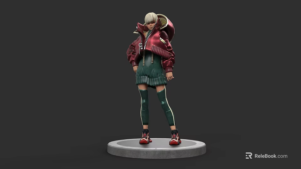 Game and Movie Character With Red Jacket Green Shorts And White Hairstyle On Gray Base 3d model 