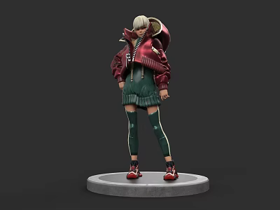 Game and Movie Character With Red Jacket Green Shorts And White Hairstyle On Gray Base 3d model