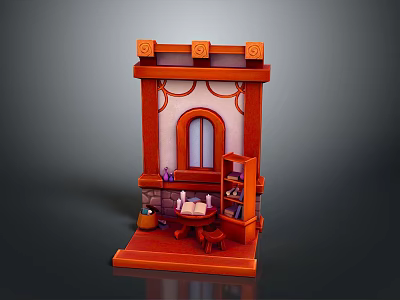 Miniature Scene Structure with Red Frame Arched Window Small Bookshelf Table Vase and Books 3d model