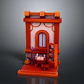 Miniature Scene Structure with Red Frame Arched Window Small Bookshelf Table Vase and Books