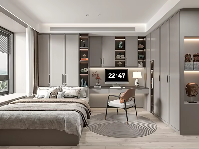 Modern Tatami Bedroom Interior With Bed Desk Chair Storage Cabinets And Table Lamp 3d model