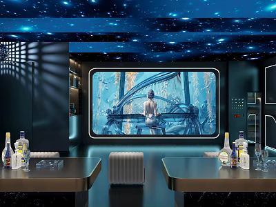 Modern KTV Room Interior With Starry Ceiling Large Screen And Tables Featuring Bottles 3d model