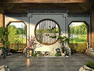 Traditional Chinese Garden Landscape With Round Lattice Window Wooden Structure Green Plants And Stone Elements 3d model