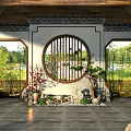Traditional Chinese Garden Landscape With Round Lattice Window Wooden Structure Green Plants And Stone Elements