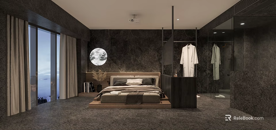 Elegant Hotel Room Interior with Wooden Bed Dark Wall Decor and Hanging Bathrobes 3d model 