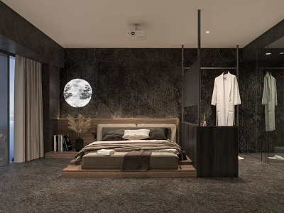 Elegant Hotel Room Interior with Wooden Bed Dark Wall Decor and Hanging Bathrobes 3d model