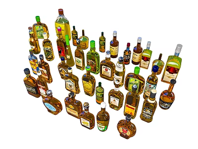 Variety of Wine Bottles and Glasses in Assorted Colors and Shapes on 3d model