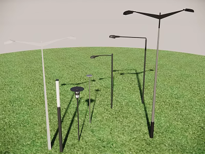 Various Styles Outdoor Lights On Green Grass With Street Lamps And Lamp Posts 3d model
