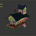 Traditional Stilted Multi Level Building With Blue Roof Circular Windows And Wooden Structure