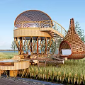 Unique Bamboo Structure With Round Platform Staircase And Hanging Hut In Rice Field