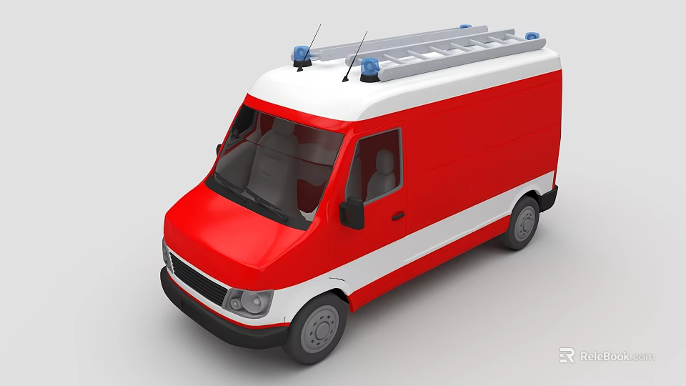 Red and White Fire Truck With Roof Ladder Sirens and Antennas Design 3d model 