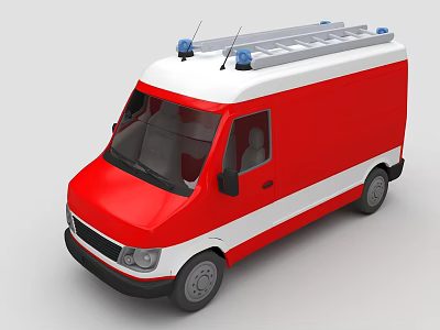 Red and White Fire Truck With Roof Ladder Sirens and Antennas Design 3d model
