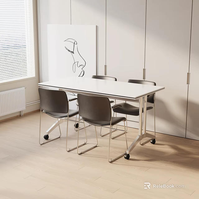 Minimalist Modern Dining Table Set With Chairs White Wall Window And Wooden Floor 3d model 