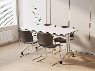 Minimalist Modern Dining Table Set With Chairs White Wall Window And Wooden Floor 3d model
