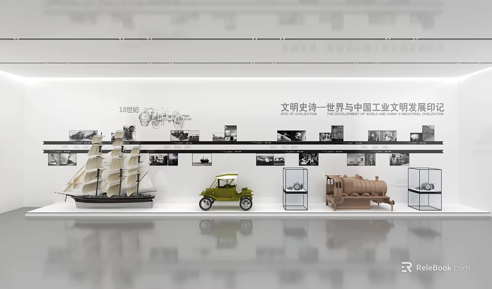 Exhibition Hall Showcasing World and China Industrial Civilization Development History with Vintage Models and 3d model 