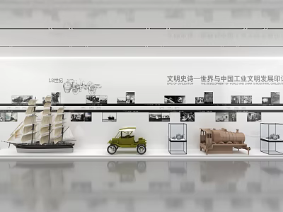 Exhibition Hall Showcasing World and China Industrial Civilization Development History with Vintage Models and 3d model