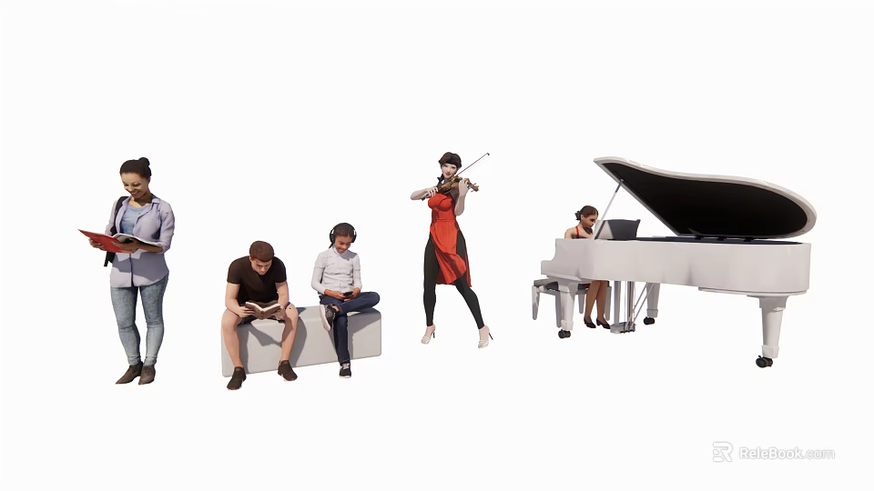 Group of People Reading Using Devices Playing Violin and Piano Together 3d model 