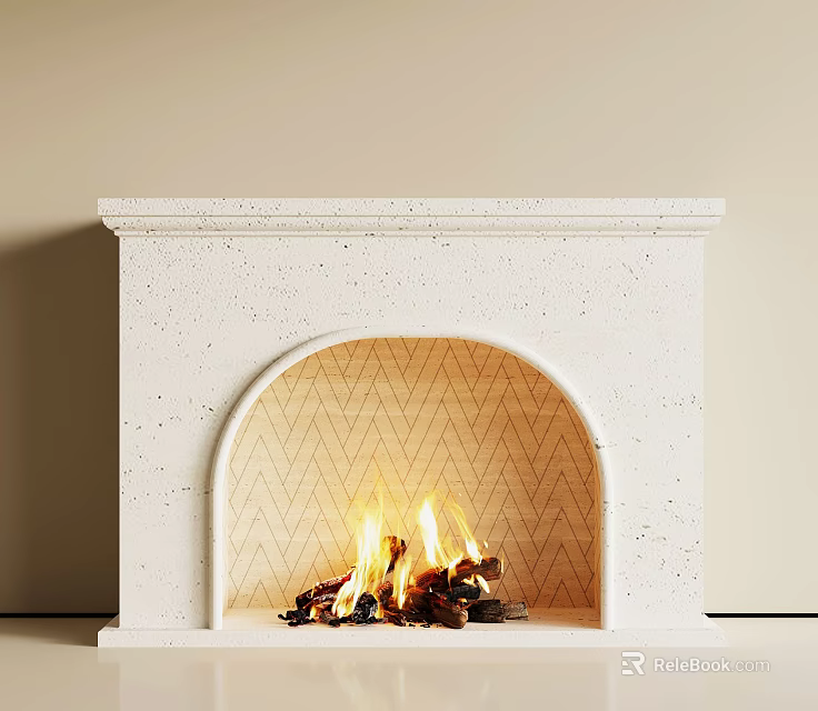 Minimalist White Stone Arched Fireplace Interior With Burning Fire And Wood Logs 3d model 
