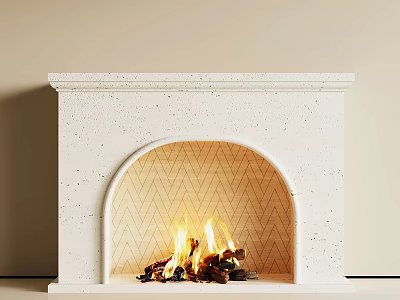 Minimalist White Stone Arched Fireplace Interior With Burning Fire And Wood Logs 3d model