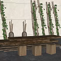 Wooden Table and Chair Set With Green Vines Light Wall and Gray Stone Floor