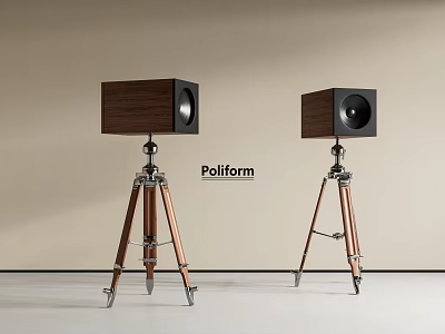 Pair of Pollform Speakers with Wooden Tripod Stands and Wooden Enclosures 3d model