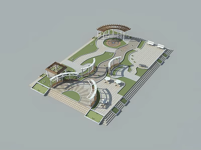 Park Landscape Design With Pergola Winding Pathways Curved Structures And Lawn Areas 3d model