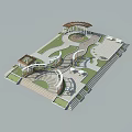 Park Landscape Design With Pergola Winding Pathways Curved Structures And Lawn Areas 3d model