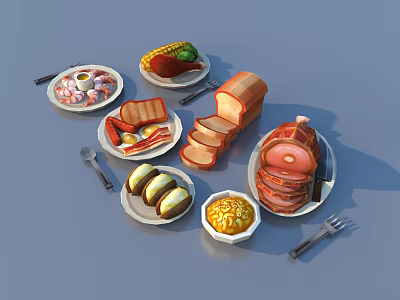 Delicious Assorted Food Platter Featuring Shrimp Corn Bread Ham Bacon And Fried Rice 3d model
