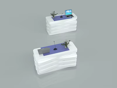 Modern Functional Desk with Wave Shaped Design White Purple Surface Laptop and Plant 3d model