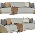 Modern Style Light Beige Sectional Sofa With Various Colored Throw Pillows And Brown Blanket 3d model