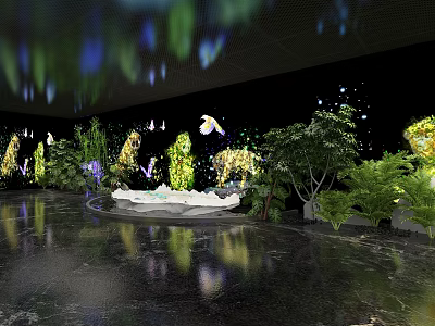 Enchanting Indoor Garden With Colorful Light Projection Decorative Animals And Reflective Floor 3d model