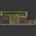 Garden Pergola Structure With Green Vegetation Roof And Flower Decorated Railing