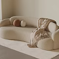 Modern Curved Cream Boucle Multi Seater Sofa With Plush Pillows And Tassel Throw Blanket