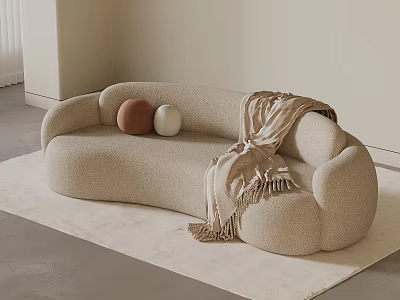 Modern Curved Cream Boucle Multi Seater Sofa With Plush Pillows And Tassel Throw Blanket 3d model
