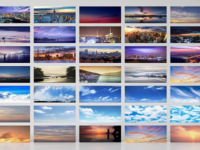 Stunning Scenery Photo Collage With City Night Views Sunset Sky And Seascapes 3d model