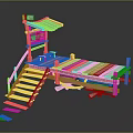 Cartoon Scene Of Pink Wooden Dock With Stairs And Blue Roof Pavilion